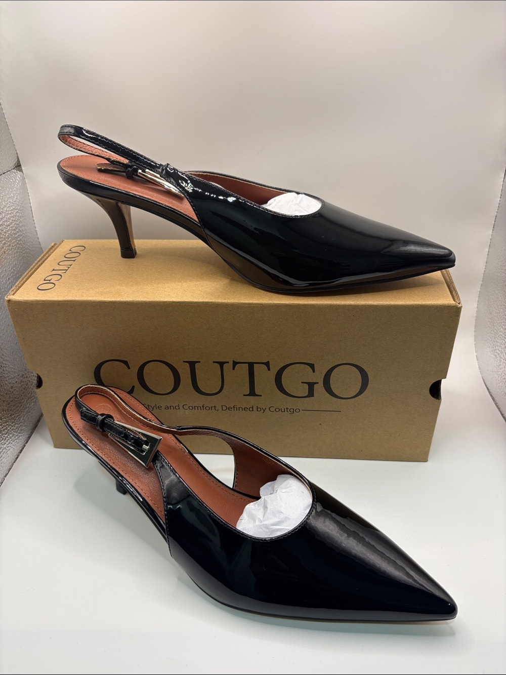 Coutgo Women's Black Patent Pointed-Toe Slingback Mules